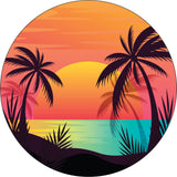 Tropical colors make up a sunset scene at the sea with palm tree silhouettes and the big sun setting on the horizon spare tire cover design