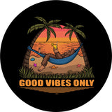 Custom spare tire cover, bigfoot tire cover design with sasquatch laying in a hammock sipping a drink at the beach. Good Vibes Only!