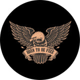 A vintage emblem of a fierce American bald eagle spare tire cover with a sign that says born to be free. Proud American patriotic spare tire cover design.