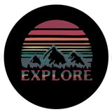 The word explore below a landscape silhouette of mountains and the sky or sun with layered jewel tones spare tire cover for campers, RV, Jeep, Broncos, and more