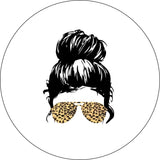Top knot messy bun girl wearing cheetah leopard print sunglasses spare tire cover for Jeep, Bronco, RV, camper, and more. Spare tire cover design made for white vinyl