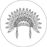 Line drawn silhouette of an native American headdress spare tire cover design on white vinyl