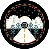 Thin lined graphics unique spare tire cover of nature, mountains, and the highway. Whimsical designed spare tire cover for RV, Bronco, Jeep, camper, and more. Can accommodate Jeep tire cover with camera hole.