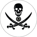 White with black Jolly Roger Pirate Skull & Swords Tire Cover for Jeep, Camper & More with Back up camera designed in