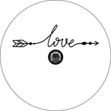 A simple spare tire cover design on white vinyl with a back up camera design of the word love in a cursive font that with the beginning and end intended to look like an arrow.