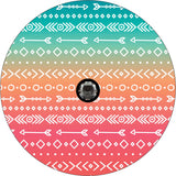 Turquoise, orange, and red ombre colored creative spare tire cover with arrow and Aztec or southwestern printed pattern.  Unique spare tire cover design for a wheel cover on a Bronco, Jeep, RV, camper, and more with a hole for a back up camera.