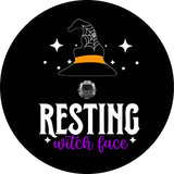 Resting witch face and a spooky witch hat spare tire cover design for the fall halloween season. This design is made to accommodate a back up camera.