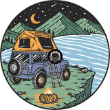 Camping spare tire cover design with a back up camera hole. Campsite camping with your SUV and a rooftop tent on a mountain side overlooking the water under the night sky. Creative spare tire cover for camping enthusiasts.