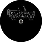 Wanderlust spare tire cover. Thin line simple and unique SUV with mountains and the word wanderlust spare tire cover for Jeep, Bronco, camper, RV, trailer, and more. Spare tire cover design for camera hole.