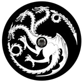 Black vinyl spare tire cover with back up camera of a white house targaryen sigil of the three dragon heads from Game of Thrones and House of the Dragon. Mother of Dragons.