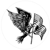 A spare tire cover design for a Jeep, Bronco, RV, Camper, Trailer, and more with an American eagle flying with the American flag in its claws. Designed for white vinyl tire cover.