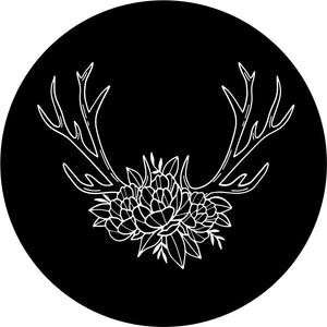 An outline image of deer antlers designed with floral bits and flowers for a spare tire cover