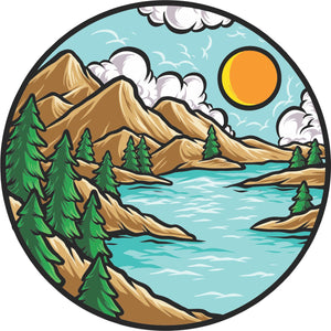 Vibrant colorful and creative mountain landscape spare tire cover design.