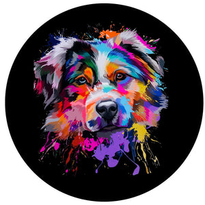 Beautiful bright multicolored artistic mosaic image of an Australian Shepherd spare tire cover on black vinyl