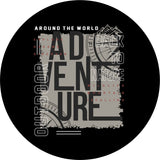 A fun creative spare tire cover using typography to create an artistic design. Words like adventure, outdoor, around the world, bak to nature, explore, discover, and more with a compass design.