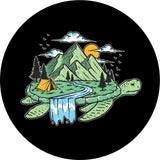 Camping on a turtle island spare tire cover. Beautiful camping scene in the mountains on top of a turtle. Custom spare tire cover design. Printed to order on black vinyl weatherproof material.