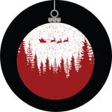 Spare tire cover for Jeep of a red silhouette of Santa Claus flying over the forest and snow as a Christmas tree globe ornament.