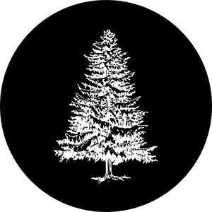 Simple Christmas tree silhouette on black vinyl holiday spare tire cover for Jeep, RV, Bronco, camper, trailer, and more