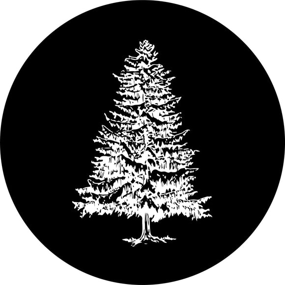 Simple Christmas tree silhouette on black vinyl holiday spare tire cover for Jeep, RV, Bronco, camper, trailer, and more