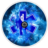 Paramedic or EMT insignia emblem in blue with a creative graphic design powder explosion spare tire covers for white vinyl and a back up camera