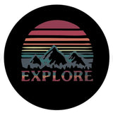 The word explore below a landscape silhouette of mountains and the sky or sun with layered jewel tones spare tire cover for campers, RV, Jeep, Broncos, and more 