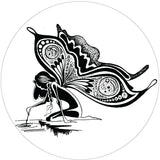 A curious fairy with beautiful hand drawn designed wings sitting at the waters edge sprinkling her fairy dust into the water. Designed as a spare tire cover for Jeep, RV, bronco, and more on white vinyl