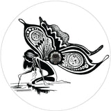 A curious fairy with beautiful hand drawn designed wings sitting at the waters edge sprinkling her fairy dust into the water. Designed as a spare tire cover for Jeep, RV, bronco, and more on white vinyl and a place for a back up camera