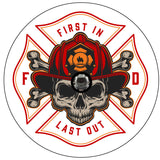 Firefighter insignia with the saying first in last out with a skull and cross bones wearing a fireman's hat helmet to be printed on white vinyl with back up camera