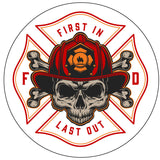 Firefighter insignia with the saying first in last out with a skull and cross bones wearing a fireman's hat helmet to be printed on white vinyl