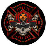 Firefighter insignia with the saying first in last out with a skull and cross bones wearing a fireman's hat helmet to be printed on black vinyl with back up camera