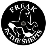 Spare tire cover for RV, Jeep, Bronco, Camper, vans, and more, design for black vinyl with a white outlined cute ghost mooning its butt cheeks or twerking and the saying freak in the sheets, with a back up camera hole.