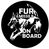 Fur missile on board belgian malinois jumping spare tire cover design for a black vinyl tire cover for Jeep, Bronco, RV, camper, and more