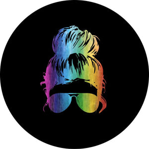 Black vinyl Jeep, Bronco, RV, trailer, camper spare tire cover design of a silhouette top knot messy bun and sun glasses in rainbow colors