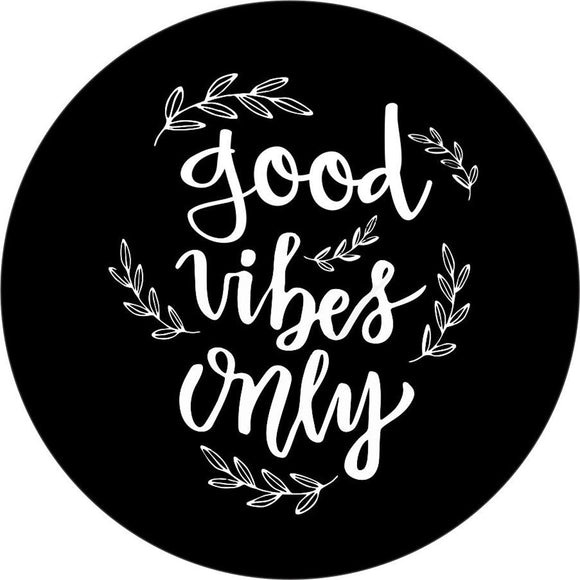 Good vibes only quote with leafy decorations around on black spare tire cover design