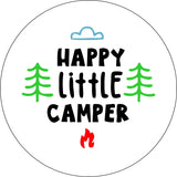 Happy little camper spare tire cover design for campers, RV, Bronco, Jeep and more on white vinyl 