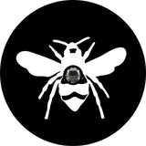 Simple white silhouette of a honey bee on black vinyl spare tire cover with a camera hole for a back up camera.