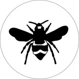 Simple black silhouette of a honey bee on white vinyl spare tire cover.