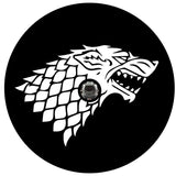 Black vinyl spare tire cover for spare wheels with back up cameras with a white silhouette of the House Stark from Game of Thrones dire wolf sigil.