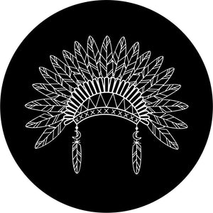 Line drawn silhouette of an native American headdress spare tire cover design.