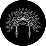 Line drawn silhouette of an native American headdress spare tire cover design.