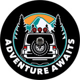 Spare tire cover design with a camera hole for back up cameras of the back side silhouette of a Jeep Wrangler driving into the mountains with the words adventure awaits below.