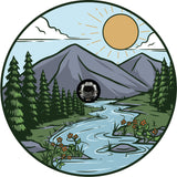 Sun, mountains, river, trees, painted unique spare tire cover design with camera hole space