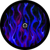 Blue flames spare tire cover design with a JL backup camera option for Ford Bronco, Jeep Wrangler, Jeep Liberty, RV, Camper, Sprinter Van and more