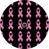 Black vinyl spare tire cover with a camera hole with a pattern of small pink ribbons to support breast cancer awareness