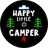 Happy little camper spare tire cover design for campers, RV, Bronco, Jeep and more on black vinyl with a back up camera design