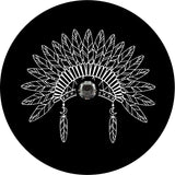 Line drawn silhouette of an native American headdress spare tire cover design on black vinyl with a back up camera.