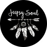 Jeepsy Soul with an Arrow and feather spare tire cover for Jeep design in gray, black and white