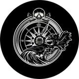 Spare tire cover design with a back up camera hole for Jeep Wrangler, Ford Bronco, RV, camper, and any other vehicle of a pirate skull and cross bones on top of a compass with a crashing wave.