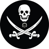 Black vinyl with white Jolly Roger Pirate Skull & Swords Tire Cover for Jeep, Camper & More with back up camera built in