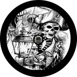 black and white and gray Pirates Life for Me Spare Tire Cover of a skeleton pirate carrying a lantern with a knife in its mouth with back up camera